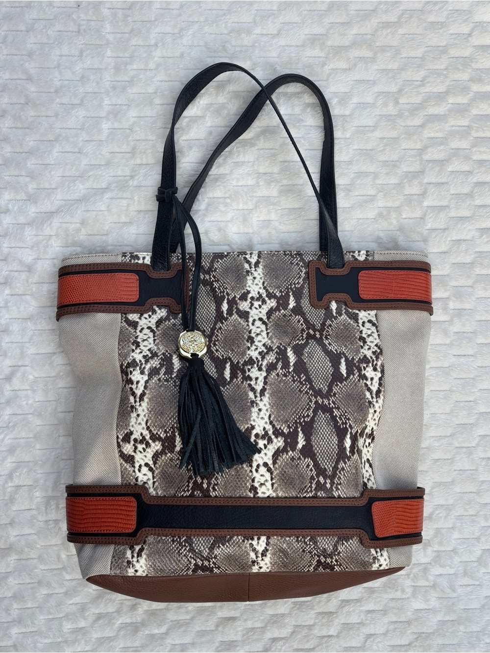 Vince Camuto Snake Print Canvas & Leather Tote Bag Gold Hardware Black Tassel